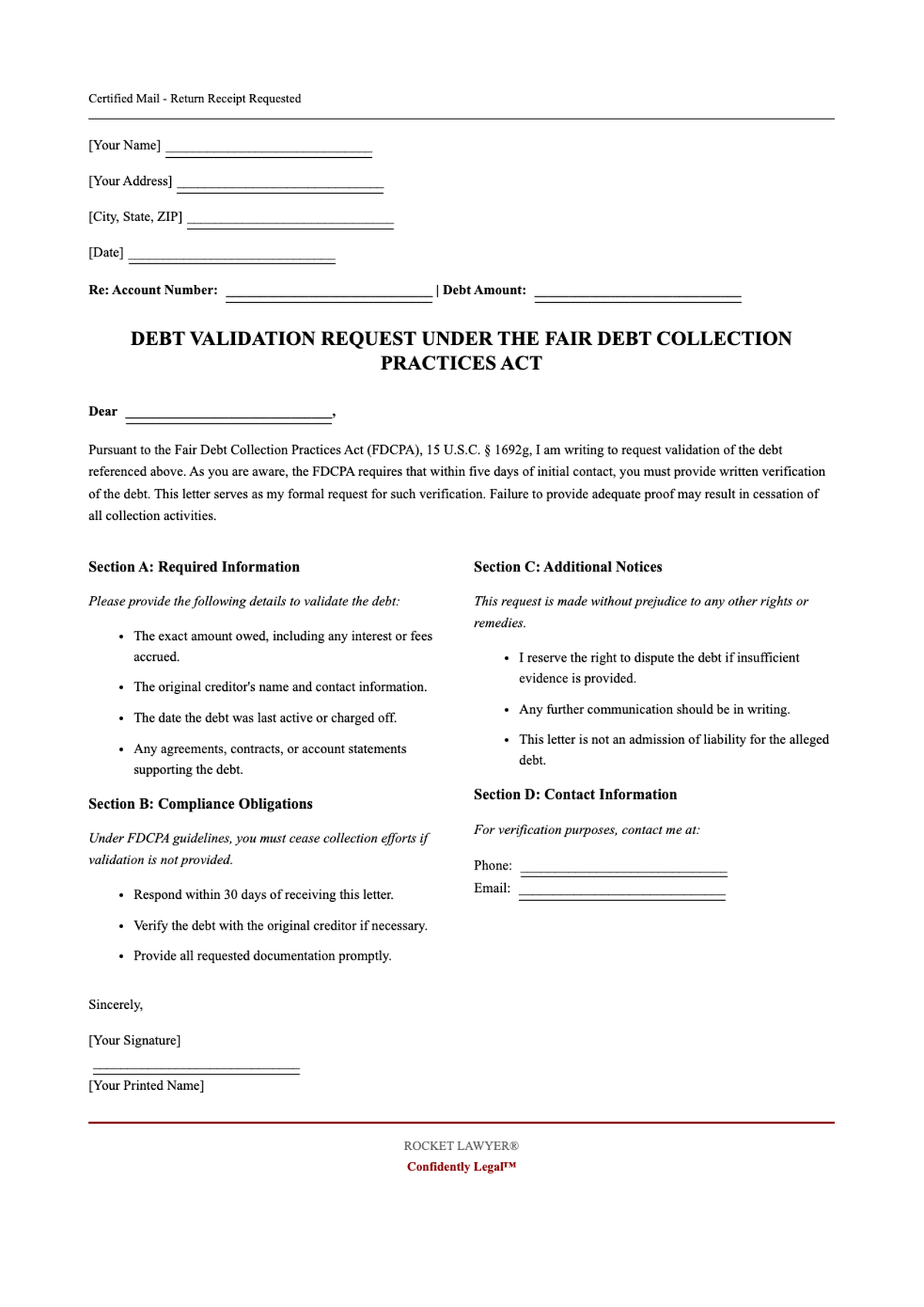 Verification of Debt Request letter under Fair Debt Collection Practices Act with Rocket Lawyer_variant_3